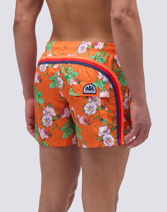 SHORT SWIMSUIT WITH ELASTIC WAIST AND SUN FLOWER PRINT