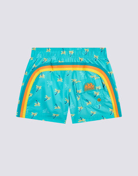 REPREVE® ELASTICATED WAIST SHORT SWIMSHORTS WITH COZY PALM PRINT