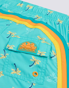 REPREVE® ELASTICATED WAIST SHORT SWIMSHORTS WITH COZY PALM PRINT