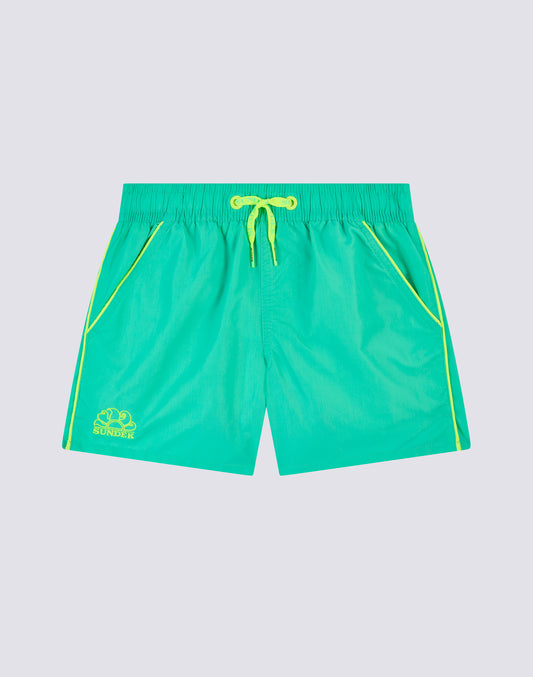 MAILLOT DE BAIN COURT EN TAFFETAS EMBLÉMATIQUE À TAILLE ÉLASTIQUE AVEC PASSEPOIL