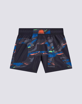 REPREVE® ELASTIC WAIST SHORT SWIMSUIT WITH MACRO LOGO PRINT