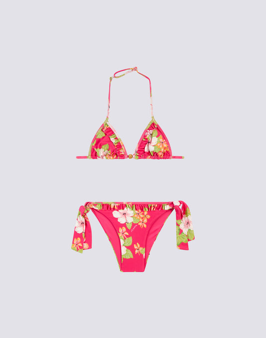 MINI BIKINI CON ROUCHES E SLIP A LACCETTI IN STAMPA DREAMY HAWAII