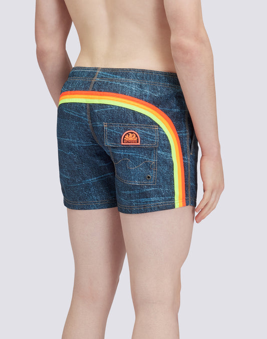 DENIM PRINT SHORT SWIMSHORTS ELASTIC WAIST ICONIC TAFFETA GOLDENWAVE