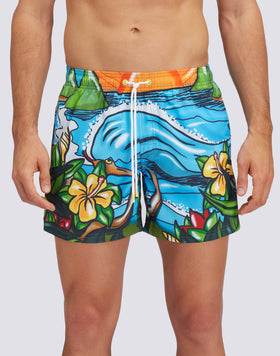 REPREVE® ELASTICATED WAIST SHORT SWIMSHORTS WITH POP 2D PRINT