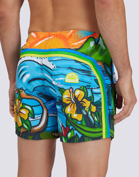 REPREVE® ELASTICATED WAIST SHORT SWIMSHORTS WITH POP 2D PRINT