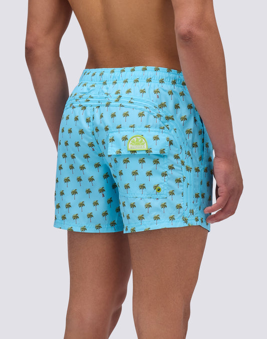 REPREVE® ELASTICATED WAIST SHORT SWIMSHORTS WITH MINI PALMS PRINT