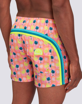REPREVE® ELASTICATED WAIST SHORT SWIMSHORTS WITH PALM COLLAGE PRINT