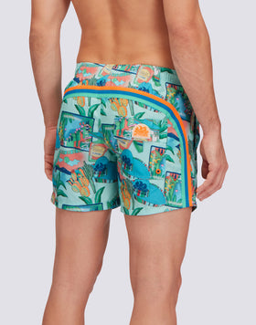 REPREVE® ELASTICATED WAIST SHORT SWIMSHORTS WITH GREETINGS FROM MEXICO PRINT