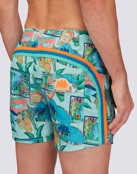 REPREVE® ELASTICATED WAIST SHORT SWIMSHORTS WITH GREETINGS FROM MEXICO PRINT