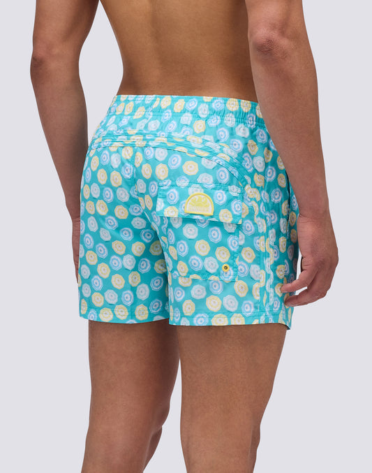 REPREVE® ELASTICATED WAIST SHORT SWIMSHORTS WITH MINI PARASOLS PRINT