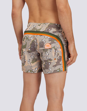 REPREVE® ELASTICATED WAIST SHORT SWIMSHORTS WITH SPOTTED CAMO PRINT