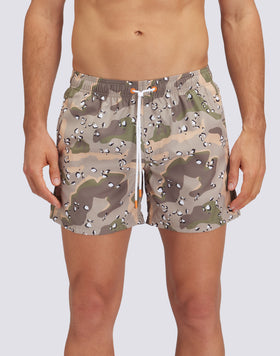 REPREVE® ELASTICATED WAIST SHORT SWIMSHORTS WITH SPOTTED CAMO PRINT