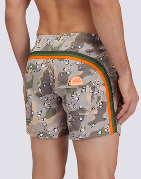 REPREVE® ELASTICATED WAIST SHORT SWIMSHORTS WITH SPOTTED CAMO PRINT