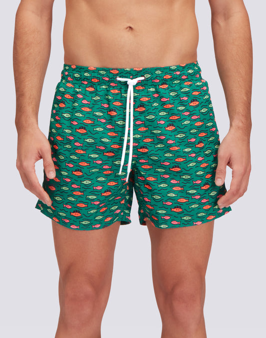 RECYCLED POLY SHORT SWIMSHORTS WITH ELASTIC WAIST FISHBALL PRINT