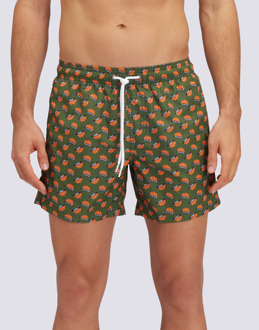RECYCLED POLY SHORT SWIMSHORTS WITH ELASTIC WAIST ORANGE LOGO PRINT