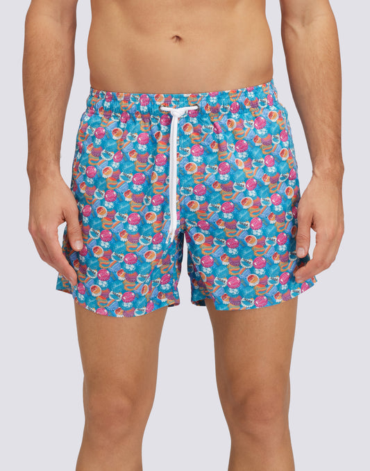 RECYCLED POLY SHORT SWIMSHORTS WITH ELASTIC WAIST SUNCAP PRINT