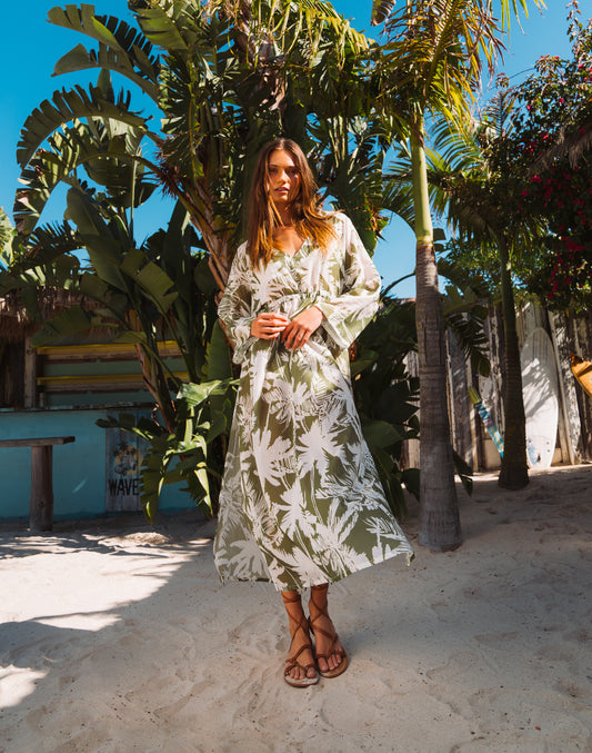 VESTIDO LARGO DE GASA DE ALGODÓN CON ESTAMPADO DE SABANA TROPICAL