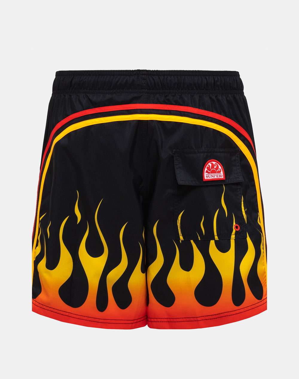 GOLDEN FLAME PRINTED STRETCH WAIST MID-LENGTH SWIM TRUNKS