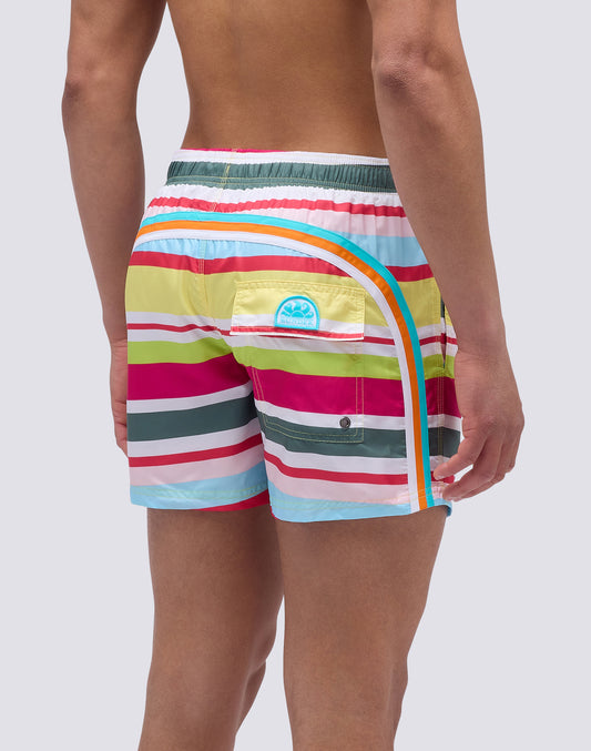 MAILLOT DE BAIN COURT À TAILLE ÉLASTIQUE ET IMPRIMÉ MULTI-RAYURES