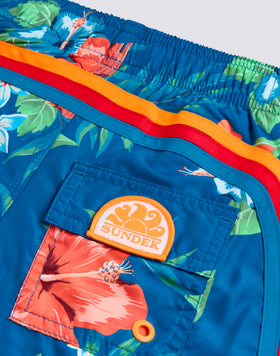 REPREVE® SHORT SWIMSUIT WITH ELASTIC WAIST AND ISLAND BLISS PRINT