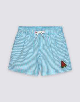 REPREVE® ELASTIC WAIST SHORT SWIMSUIT WITH JUICY STRIPES PRINT
