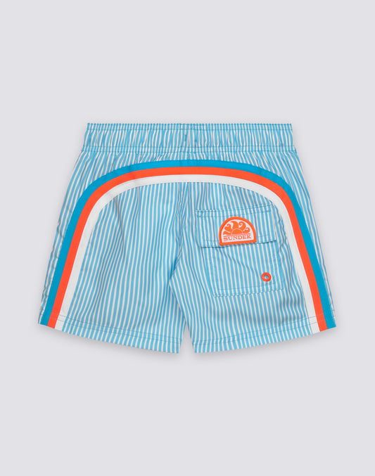 REPREVE® ELASTIC WAIST SHORT SWIMSUIT WITH JUICY STRIPES PRINT