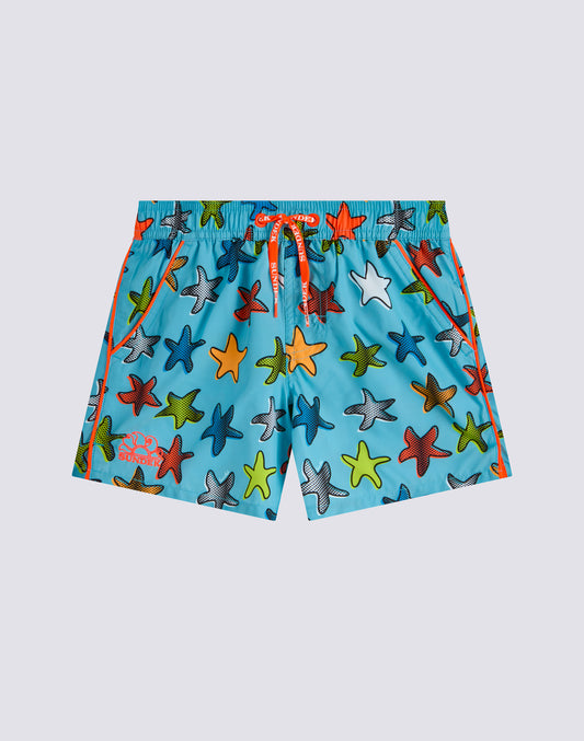 MAILLOT DE BAIN ENFANT COURT À TAILLE ÉLASTIQUE IMPRIMÉ HAPPY STAR EN POLYESTER RECYCLÉ REPREVE®