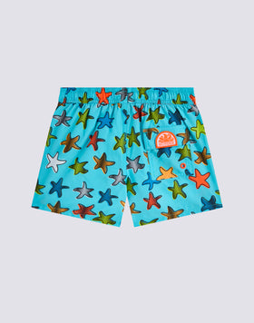 BAÑADOR NIÑO CORTO CON CINTURA ELÁSTICA Y ESTAMPADO HAPPY STAR EN POLIÉSTER RECICLADO REPREVE®