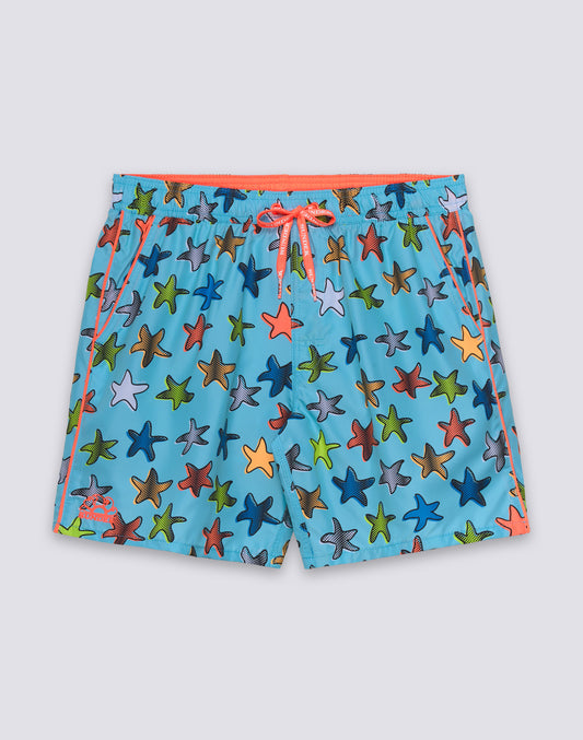 MAILLOT DE BAIN MI-LONG POUR HOMME AVEC TAILLE ÉLASTIQUÉE ET IMPRIMÉ ÉTOILES JOYEUSES EN POLYESTER RECYCLÉ REPREVE®