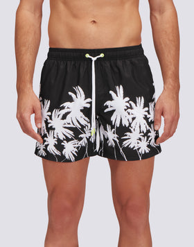 REPREVE® ELASTICATED WAIST SHORT SWIMSHORTS WITH BLACK PALM PRINT