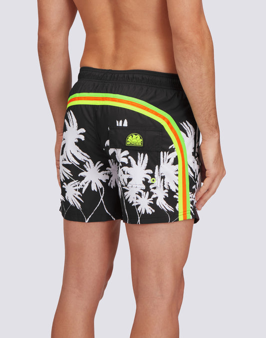 REPREVE® ELASTICATED WAIST SHORT SWIMSHORTS WITH BLACK PALM PRINT