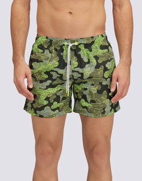 REPREVE® ELASTICATED WAIST SHORT SWIMSHORTS WITH INSIDE PALM PRINT