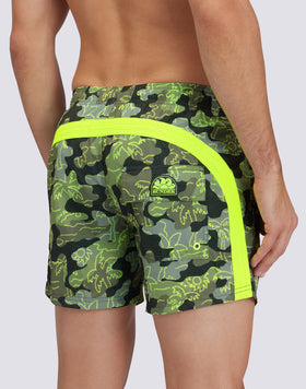 REPREVE® ELASTICATED WAIST SHORT SWIMSHORTS WITH INSIDE PALM PRINT