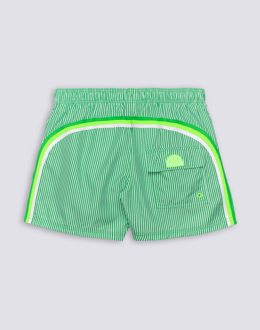 MAILLOT DE BAIN COURT À TAILLE ÉLASTIQUE EN POLYESTER RECYCLÉ REPREVE® AVEC IMPRIMÉ À RAYURES JUICY ET BRODERIE FRUITS
