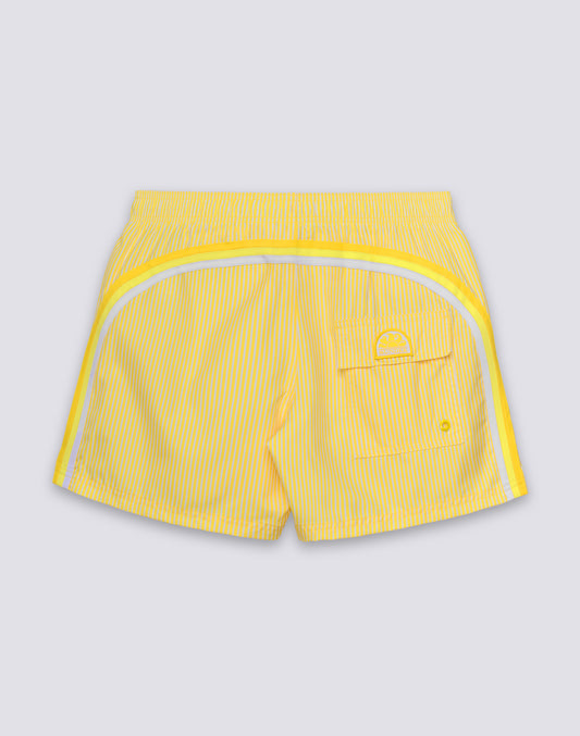 MAILLOT DE BAIN COURT À TAILLE ÉLASTIQUE EN POLYESTER RECYCLÉ REPREVE® AVEC IMPRIMÉ À RAYURES JUICY ET BRODERIE FRUITS
