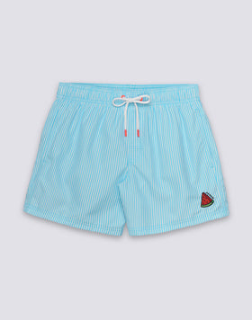 BAÑADOR CORTO DE CINTURA ELÁSTICA DE POLIÉSTER RECICLADO REPREVE® CON ESTAMPADO DE RAYAS JUICY Y BORDADO DE FRUTAS