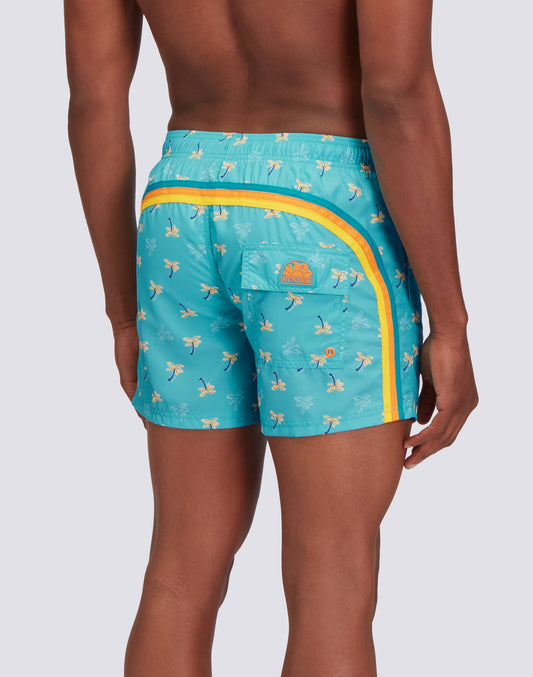 REPREVE® ELASTICATED WAIST SHORT SWIMSHORTS WITH COZY PALM PRINT