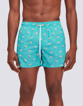 REPREVE® ELASTICATED WAIST SHORT SWIMSHORTS WITH COZY PALM PRINT