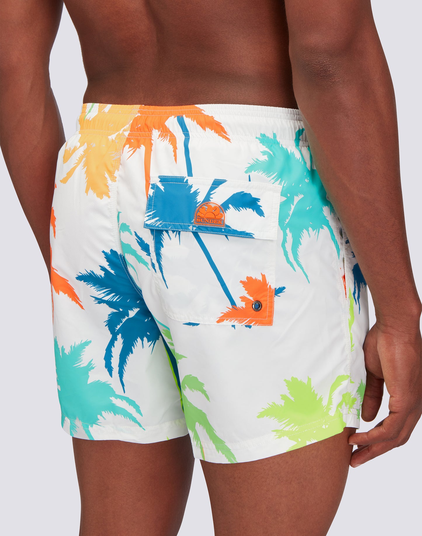 RECYCLED POLY SHORT SWIMSHORTS WITH ELASTIC WAIST MULTIPALM PRINT