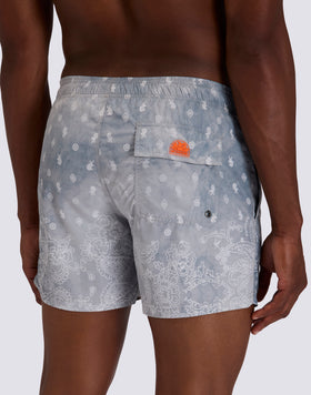 MEN'S SHORT SWIMSUIT WITH ELASTIC WAIST PAISLEY BANDANA PRINT IN RECYCLED POLY