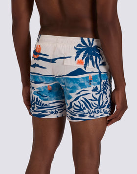 MEN'S SHORT SWIMSUIT WITH ELASTIC WAIST AND NOSTALGIC SEA PRINT IN RECYCLED POLY