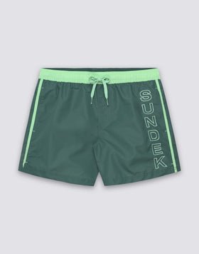MAILLOT DE BAIN COURT POUR HOMME AVEC TAILLE ÉLASTIQUE EN TAFFETAS EMBLÉMATIQUE AVEC LUNETTES CONTRASTÉES