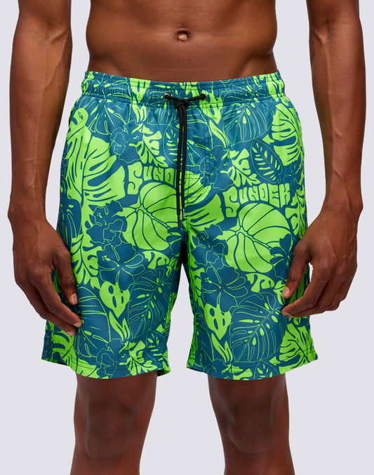 LONG SWIMSHORTS WITH ELASTIC WAIST LEAF POWER PRINT