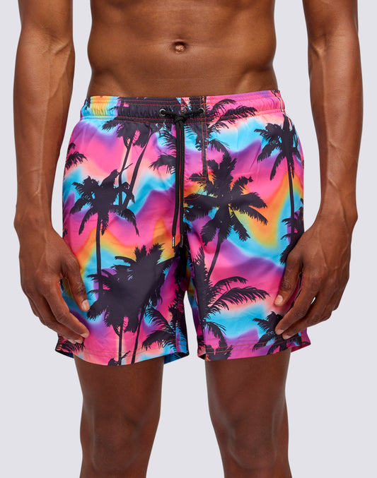MEDIUM SWIMSHORTS ELASTIC WAIST PALM PRINT IN RECYCLED POLY