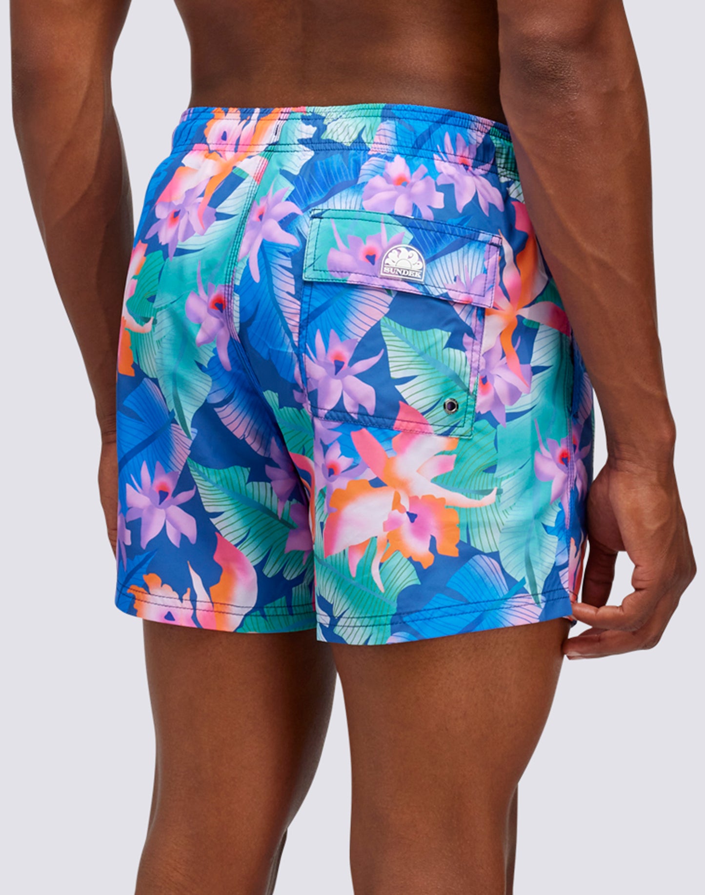 RECYCLED POLY SHORT SWIMSHORTS WITH ELASTIC WAIST ORCHID PARTY PRINT