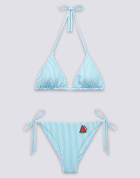 BIKINI DE MUJER CON TOP TRIANGULAR Y BRAGUITA DE TIRANTES CON BORDADO DE FRUTAS