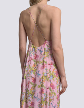 LONG SLEEVELESS WOMEN'S DRESS WITH SWEET PARROT PRINT