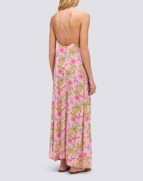 LONG SLEEVELESS WOMEN'S DRESS WITH SWEET PARROT PRINT