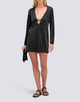 WOMEN'S SHORT LUREX DRESS WITH DEEP NECKLINE