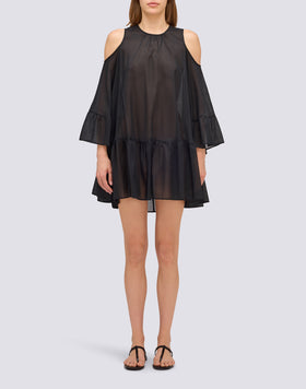 SHORT DRESS WITH OFF-THE-SHOULDERS IN COTTON VOILE